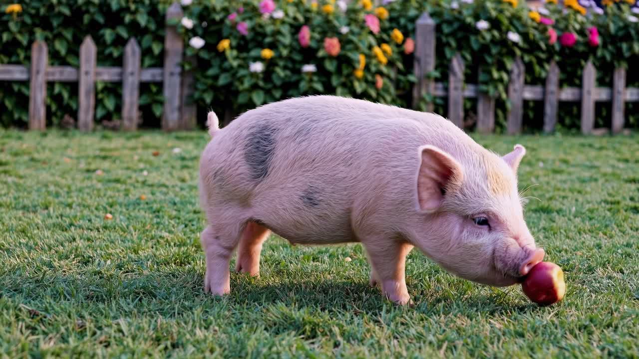 A playful piglet on grass approaches an apple, captured at eye level