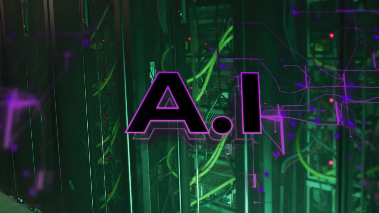 Animation of ai text banner and purple light trails against computer server room