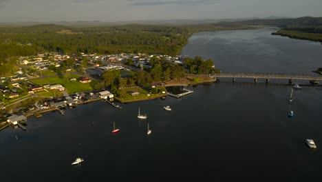 sunrise aerial views of the regional town of karuah, new south wales, australia.