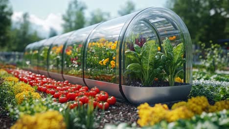 a beautiful greenhouse with flowers and vegetables