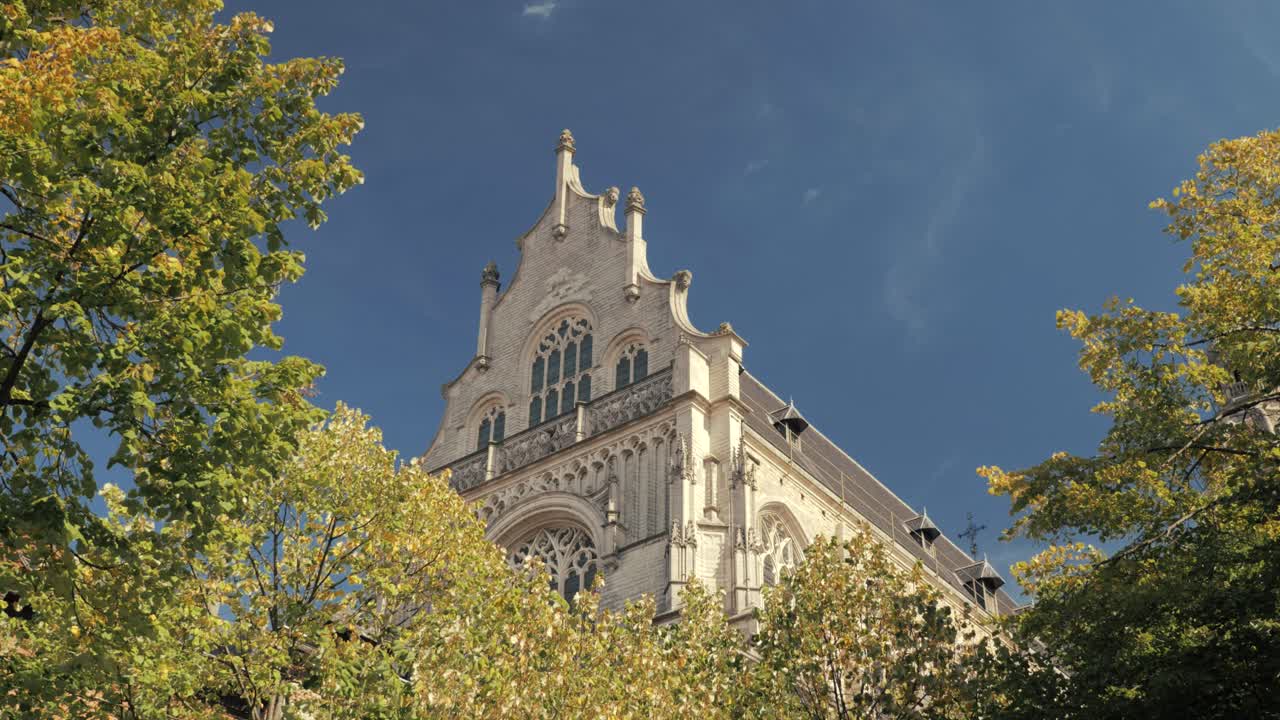 A grand Gothic-style building emerges from behind lush trees under a clear blue sky on a sunny day