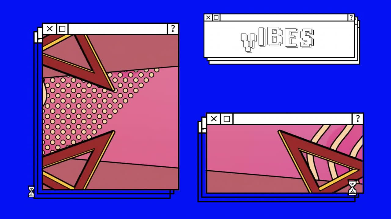 animación de vibraciones texto y pantallas de computadora sobre fondo de patrón de neón