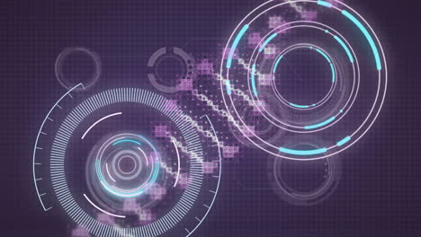 animación de la cadena de adn, escaneo de ámbitos y procesamiento de datos sobre un fondo oscuro