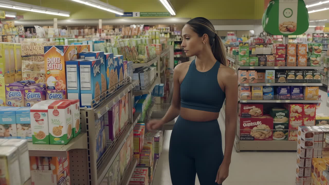 Woman browsing products in a grocery store aisle