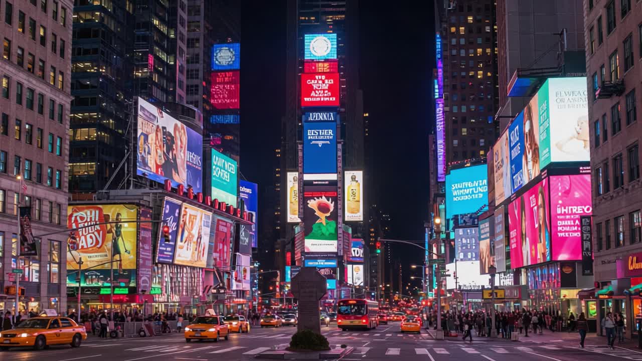 Vibrant Night Scene at Times Square: A Bustling Intersection Illuminated by Colorful Billboards and Light Displays amid City Life