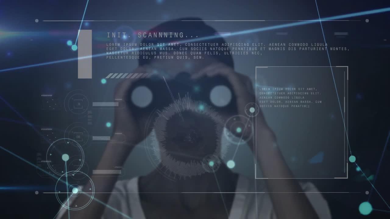 Woman raising handheld goggles and initiating scanning for analysis with tech HUD elements