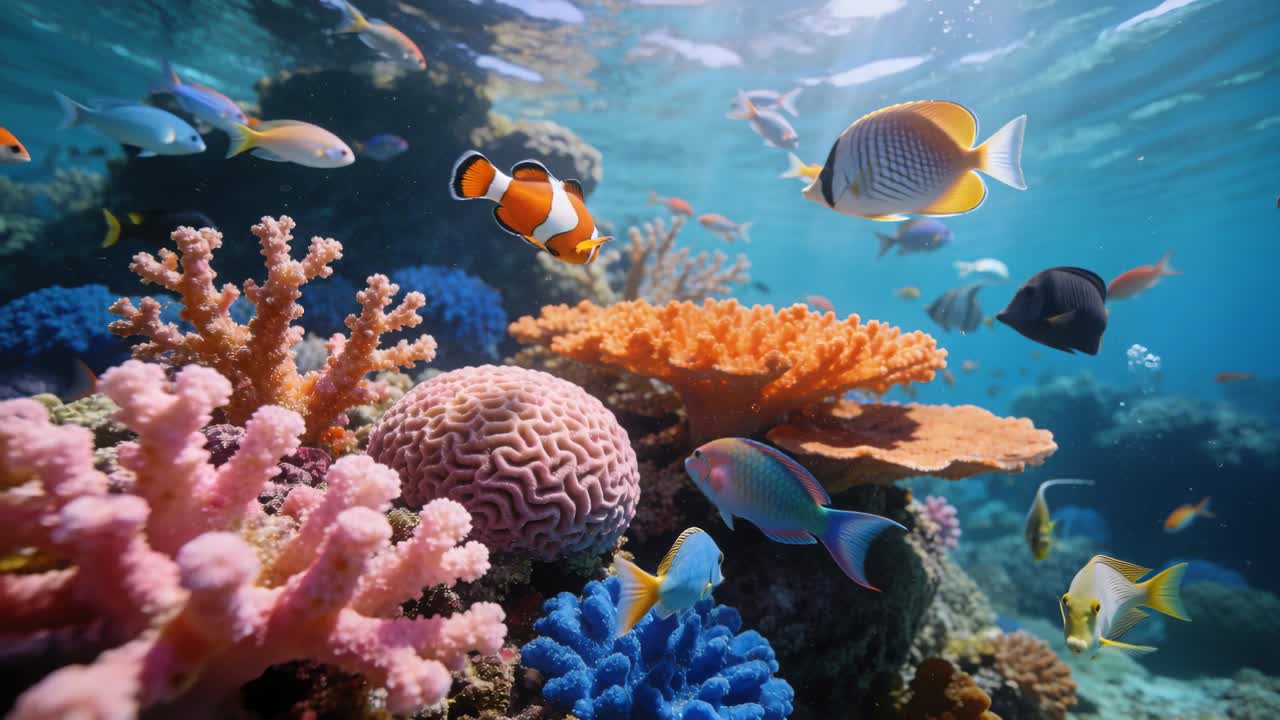 Video vertical: Cámara en movimiento revelando un grupo de arrecifes con coral cerebro, acercando a los peces payaso.