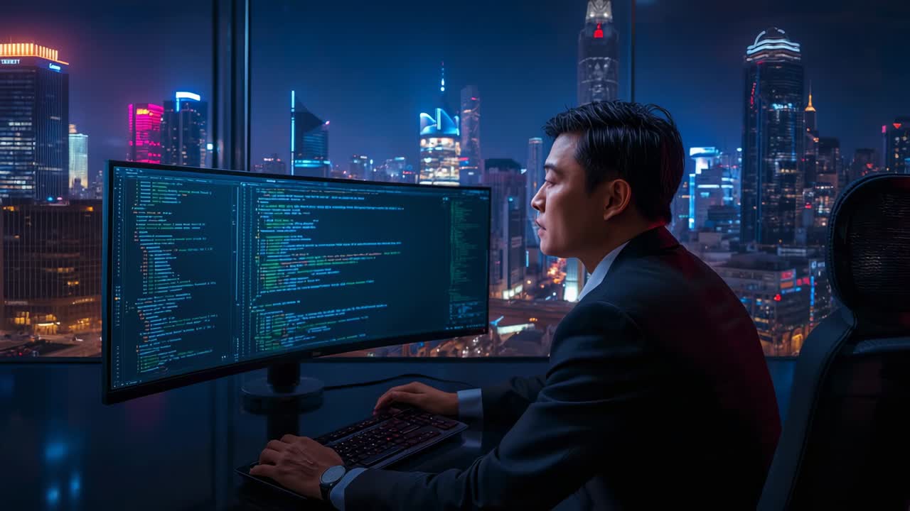 Developer in suit typing code on monitor, pausing at office window then resuming typing, copy space