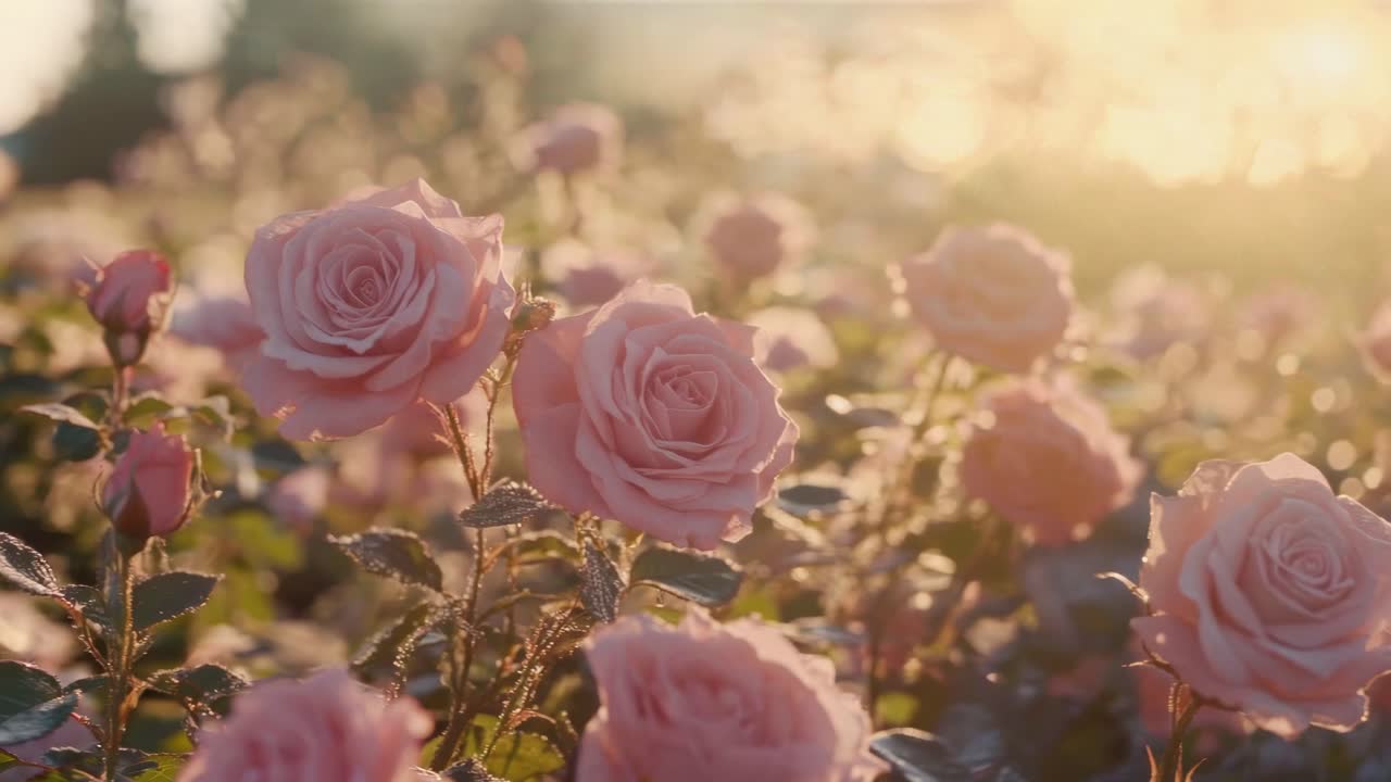 A serene video of blooming pink roses in a garden, captured at eye level