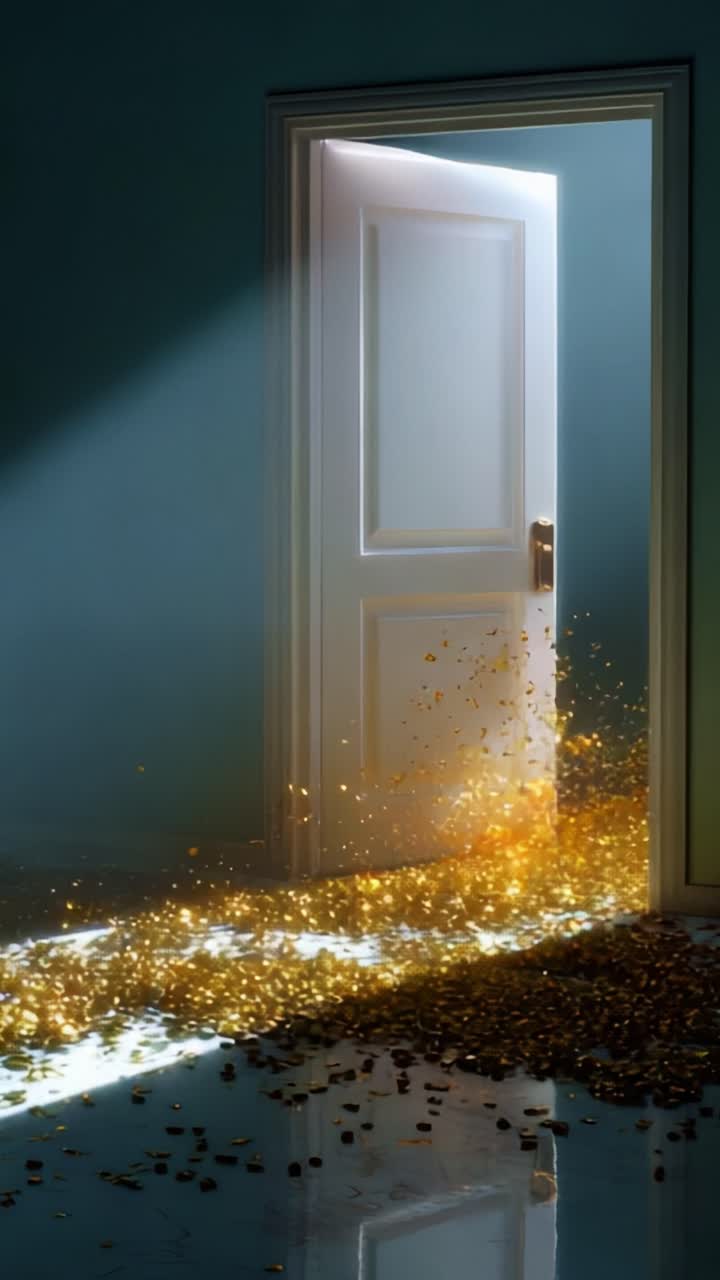 An Enigmatic Doorway Radiating Golden Light Revealing a Pathway to Abundance and Wealth, with Glittering Coins Cascading on a Reflective Surface, Inviting Exploration into a Mystical Realm of Riches