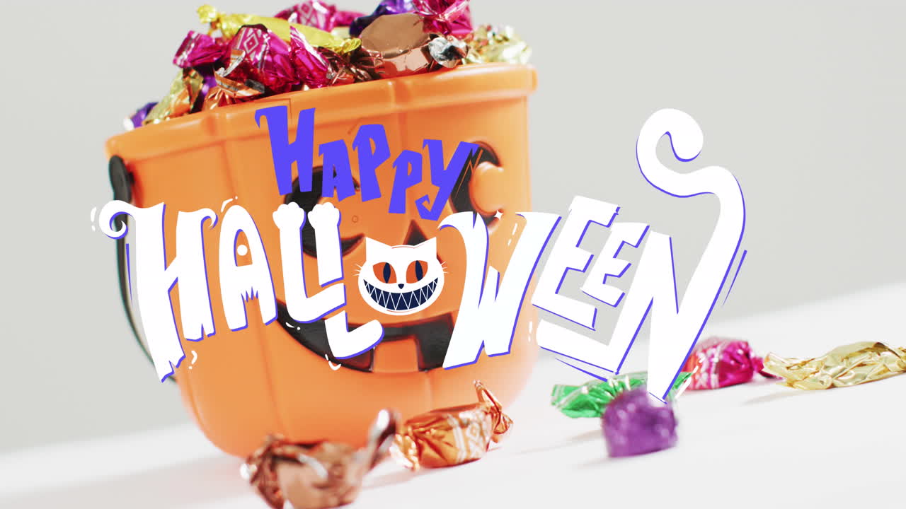 달 ⁇ 한 오렌지색 호박 버 ⁇  위에 고양이와 함께 행복한 할로윈 텍스트의 애니메이션