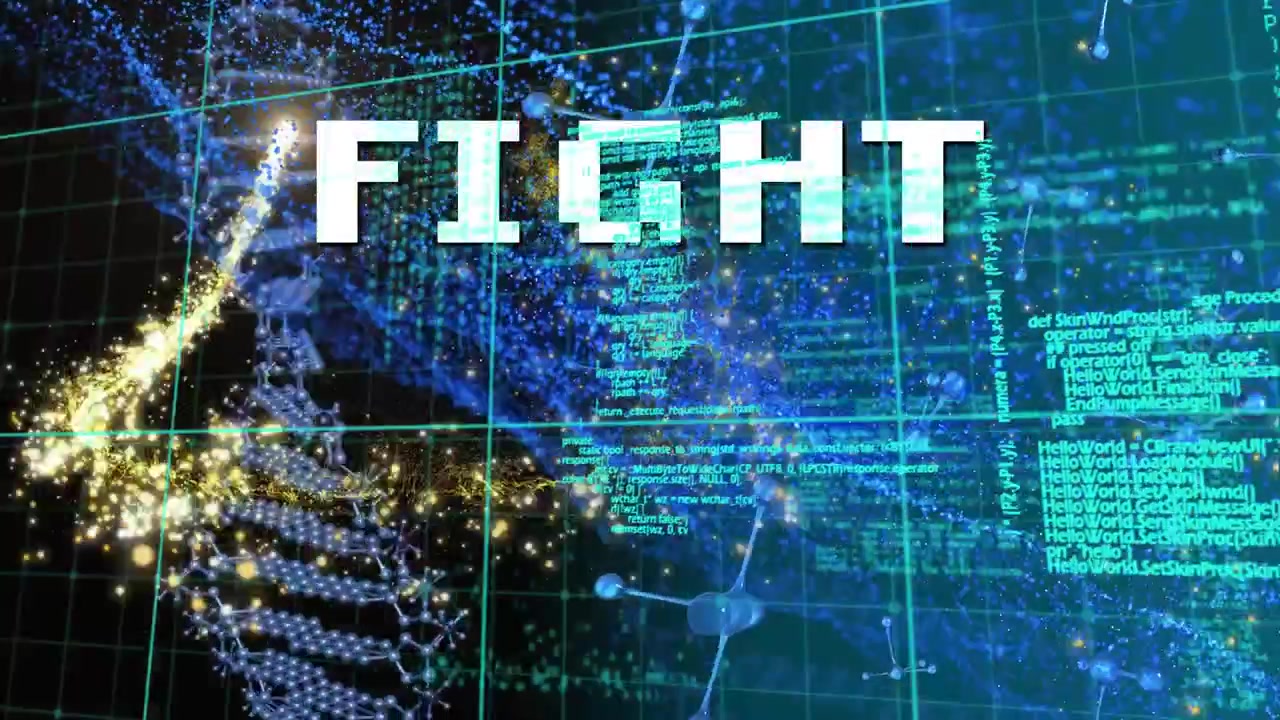 Digital DNA Strand and Molecular Structure with Fight Text Overlay