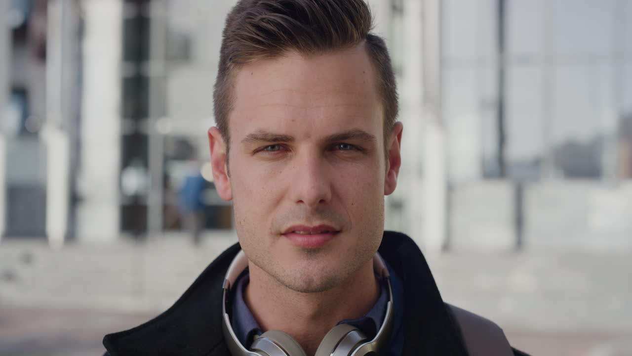 가까운 초상화 젊은 성공적인 사업가 자신감있는 전문 기업가 도시에서 도시 생활 방식을 즐기는 느린 동작