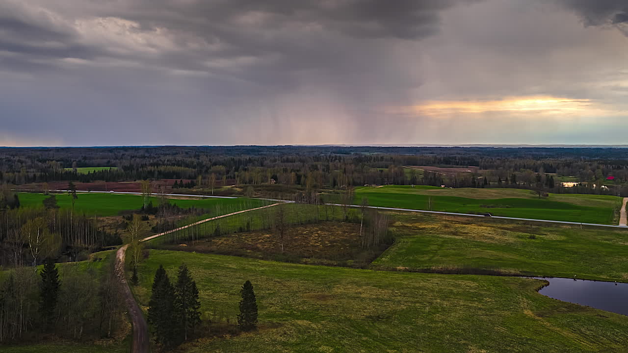 Timelapse view of cloudy day over an open field during sunset providing large area shade.