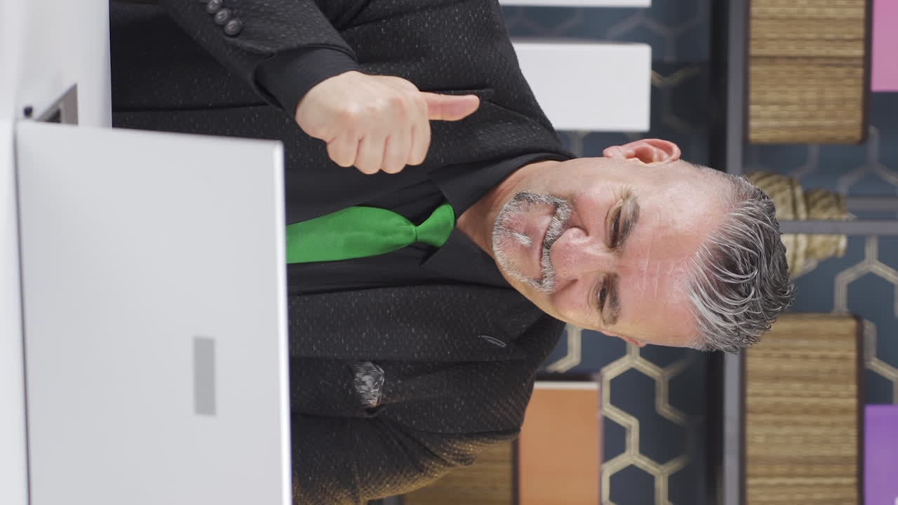 vídeo vertical de un hombre de negocios que recibe buenas y buenas noticias.