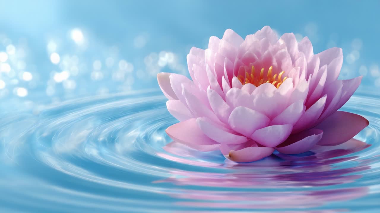 A Serene Pink Lotus Flower Blooming Gracefully on Tranquil Water Surfaces, Surrounded by Sparkling Reflections and Gentle Ripples Beneath a Clear Sky