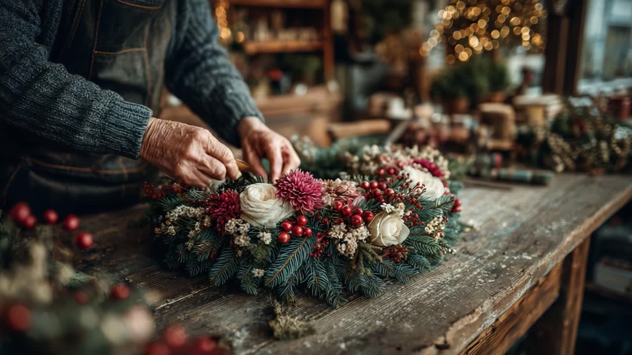 Crafting a Beautiful Holiday Wreath: A Close-Up of the Final Touches on a Festive Arrangement of Flowers and Foliage in a Cozy Workshop Setting