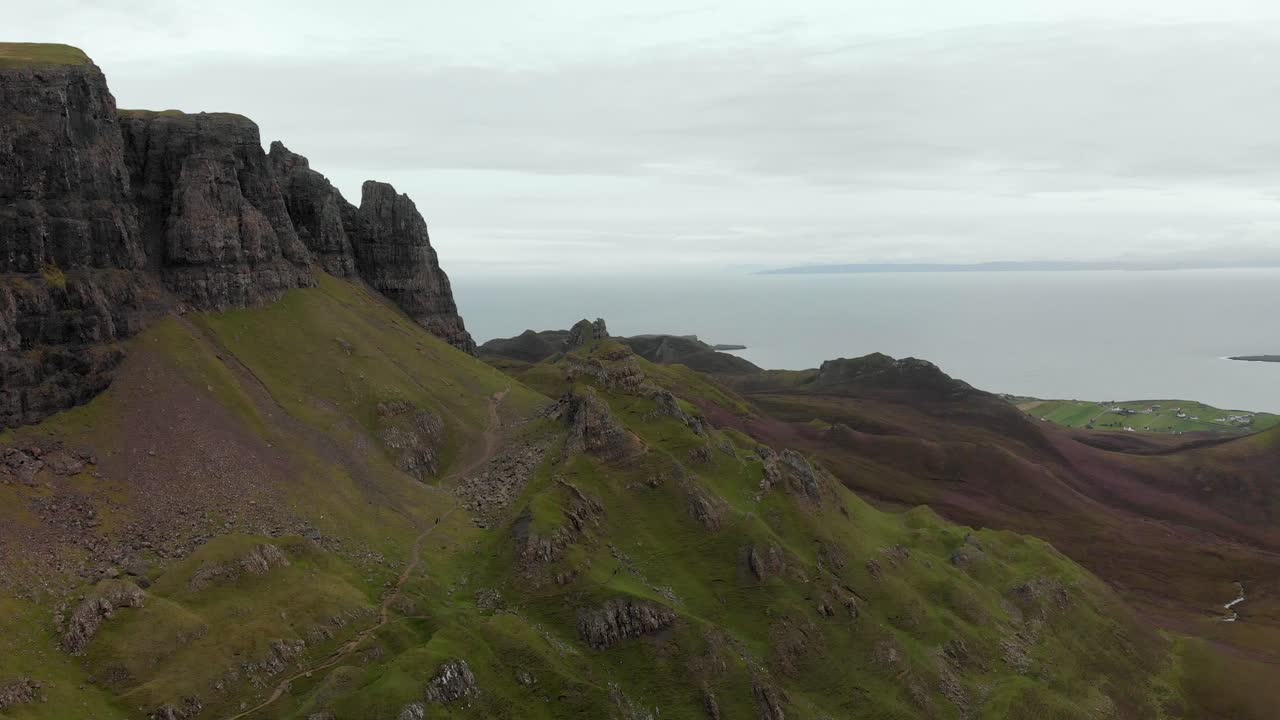 Stunning Aerial footage of the beautiful Quiraing landscape on the Isle of Skye, Scotland, UK. The Quiraing Landslip is on the northernmost summit of the Trotternish on the Isle of Skye, Scotland.