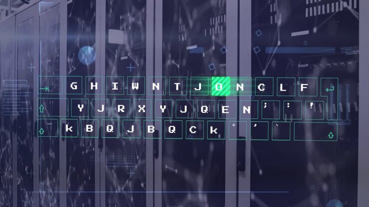 Animação de processamento de dados e rede de conexões sobre sala de servidores de computador