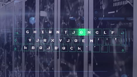 Animation-of-data-processing-and-network-of-connections-against-computer-server-room