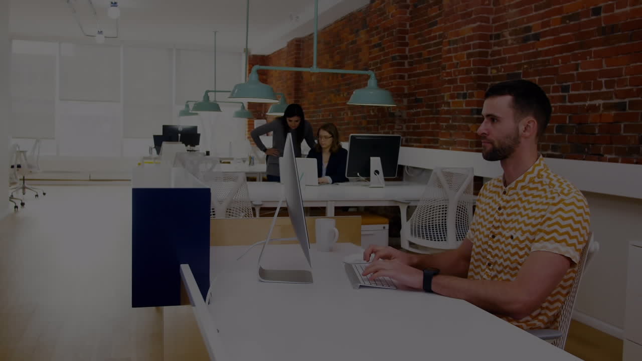Animation of financial data processing over caucasian businessman in office