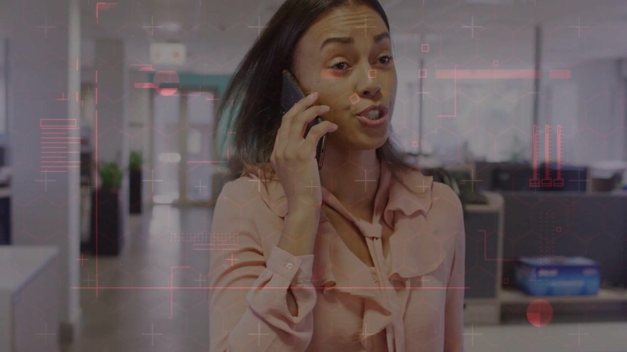 Office worker receiving phone call, checking docs and explaining issue, red HUD highlighting papers