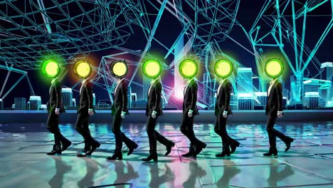 hombres de negocios con cabezas de semáforos en el paisaje urbano futurista