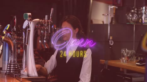 animation of open 24 hours neon text over caucasian bartender behind bar