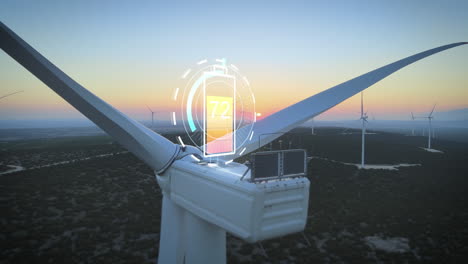 animation of battery charging at wind turbine generator during sunset