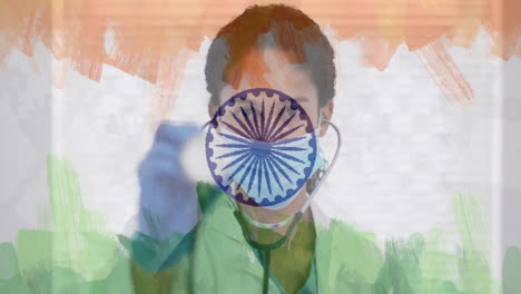 composition of covid 19 cells and female doctor with face mask and stethoscope over indian flag