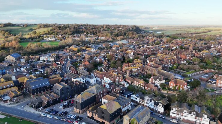 Rye town centre Sussex UK drone aerial view town centre