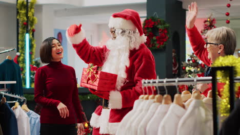 retail assistant impersonating santa claus in xmas decorated fashion shop, inviting customers to participate in christmas raffle contest in order to win promotional prize during winter holiday season