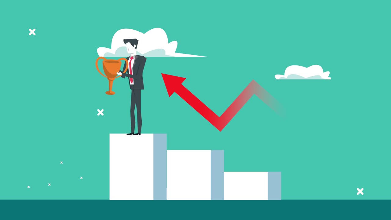 elegante hombre de negocios trabajador con copa trofeo en las estadísticas