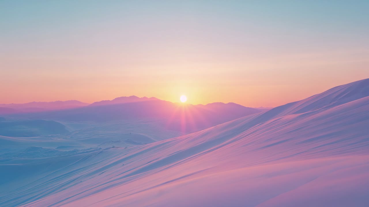 Peeking sun ascending above distant peaks in mountain pass, bathing snow ridge in pastel light