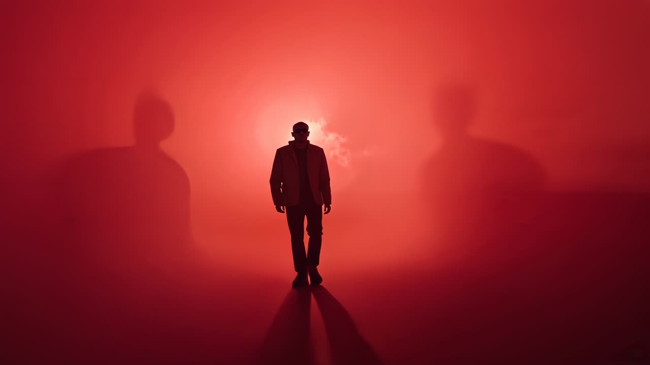 Walking man in jacket wearing shades being drawn to backlight through red haze, passing silhouettes
