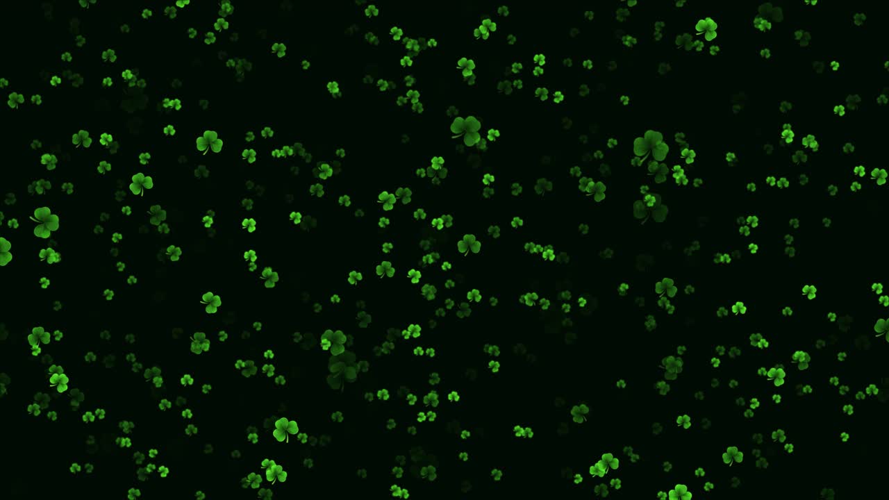 Falling Green Clovers on Black Background
