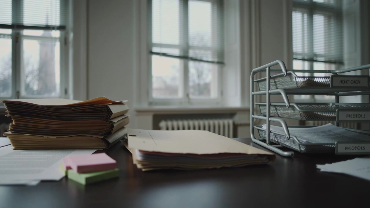 Flipping folder cover from window draft, arcing over manila folders then settling on desk near tray