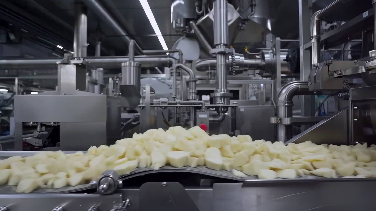 Diced Potatoes Moving Along a Conveyor Belt in a Food Processing Plant