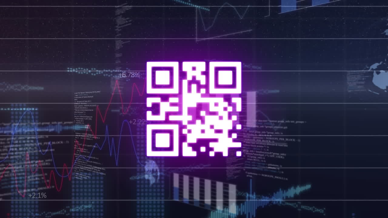 animación del código qr sobre el procesamiento de datos en fondo negro