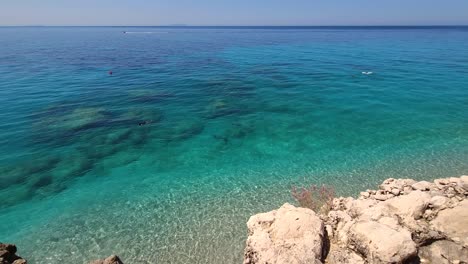 Panoramic-sea-scene-of-blue-turquoise-seawater-from-rocky-shoreline-on-a-summer-vacation-day-in-Mediterranean