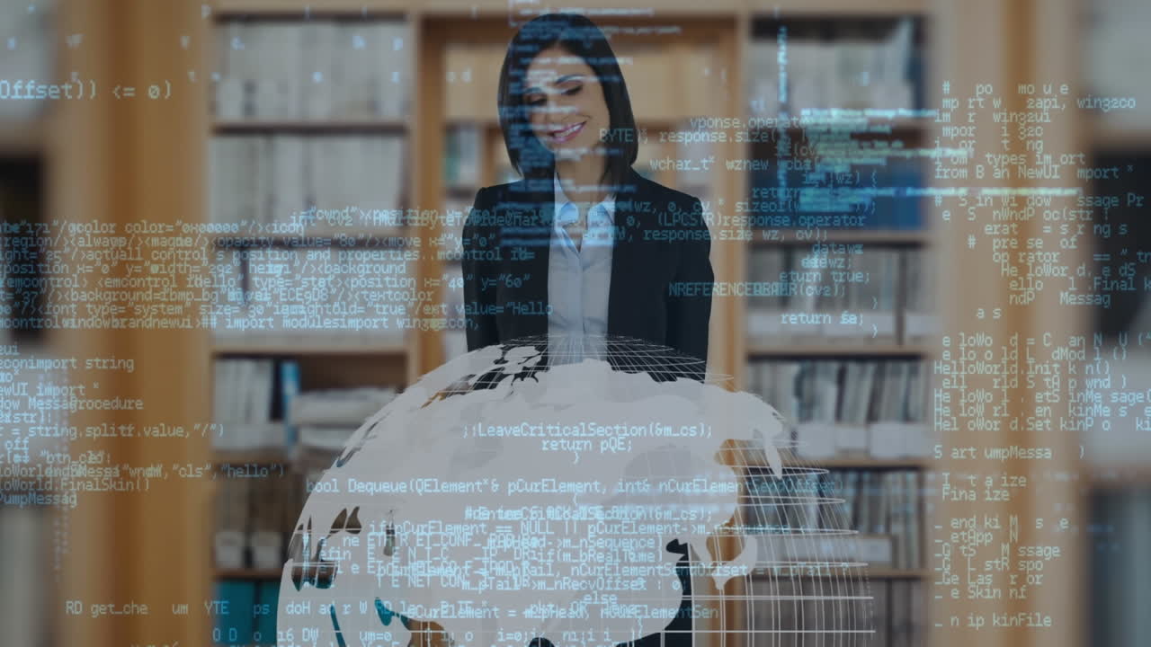 animación del procesamiento de datos sobre una mujer de negocios utilizando una pantalla interactiva