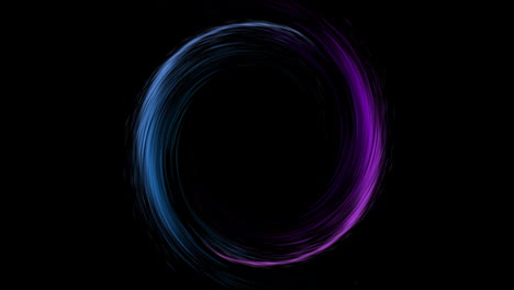 animation of glowing circle of purple and blue light trial with copy space on black background