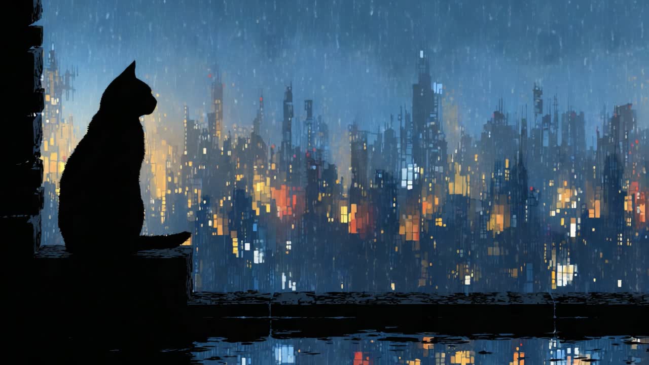 Contemplative Cat Gaze: A Mysterious Feline Observes the Rain-Drenched Cityscape, Illuminated by Vibrant City Lights Reflecting on the Wet Surface