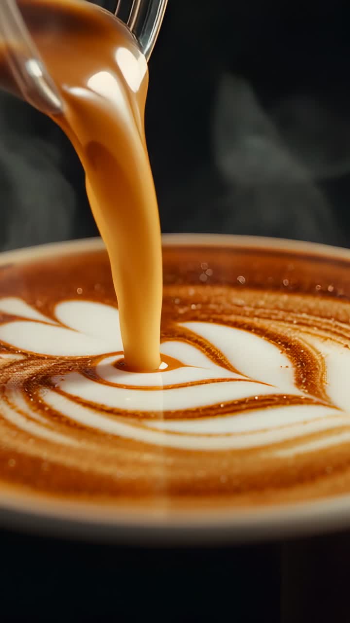 Vertical video: When barista pouring espresso forming heart art atop cup on counter using pitcher