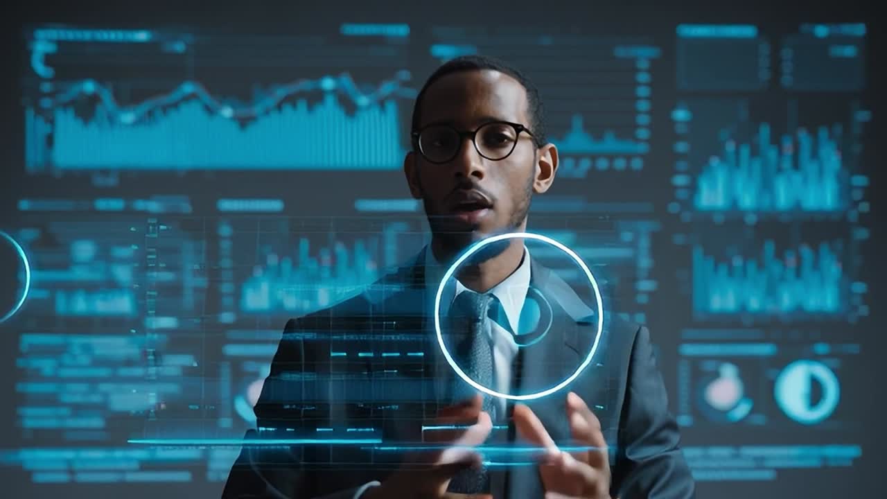 Businessman analyzing data trends in a modern office environment