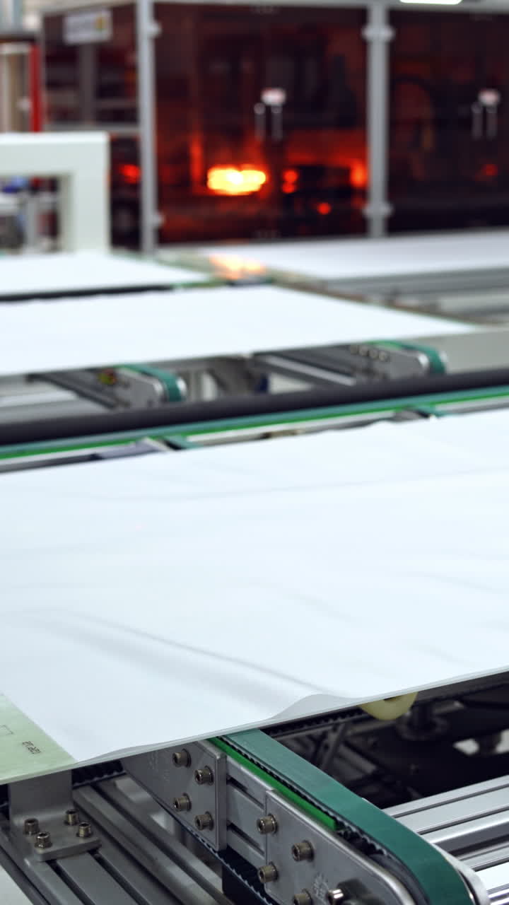 Automated manufacturing process of solar panels. Innovated technology for making solar cells in a robotic factory background. Vertical video