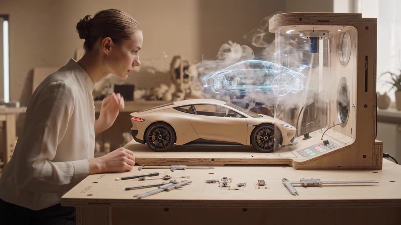 Una donna con un display olografico futuristico che mostra un modello automobilistico, evidenziando la convergenza di tecnologia e design nell'industria automobilistica.