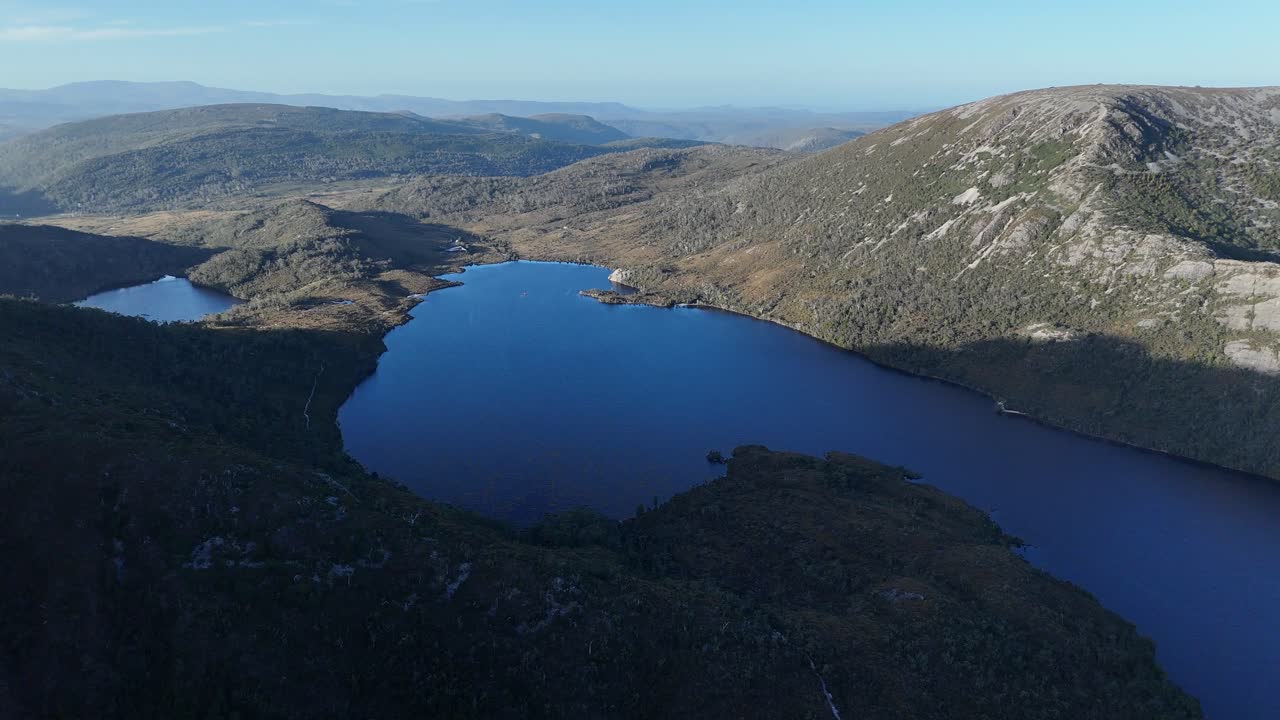 Dove Lake in Cradle Mountain Area, Tasmania in Australia. Aerial drone panoramic view