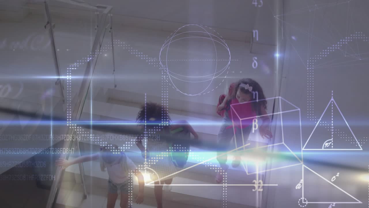 Four girls going down stairs in tech demo raising smartphone capturing digital geometry holograms