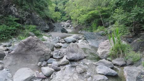 Calm-relaxing-water-flows-down-river-in-exotic-rainforest,-aerial-dolly-forward